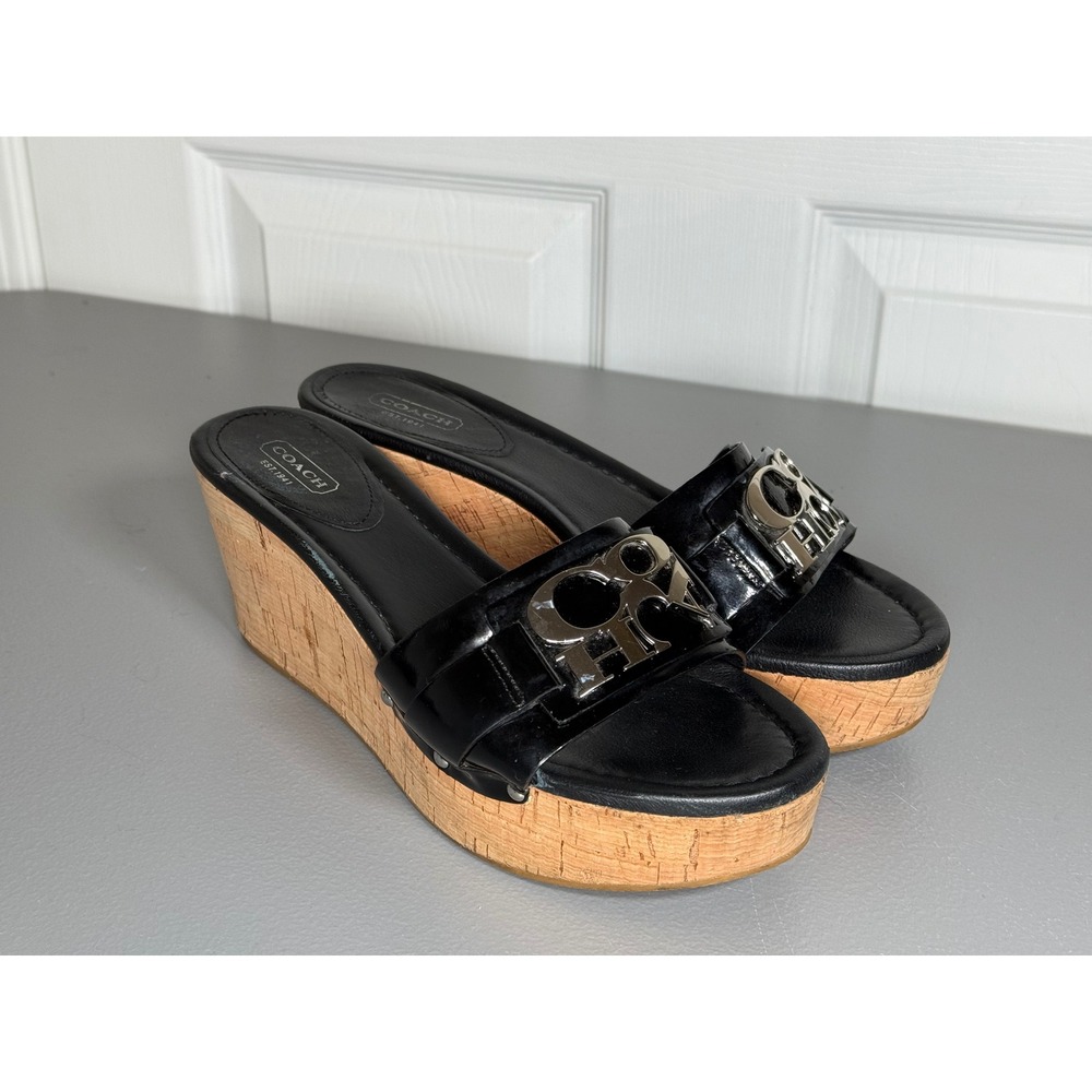 Y2K Coach Jen Wedge Sandals Black Patent Leather Cork Silver Logo A8379 Size 9B